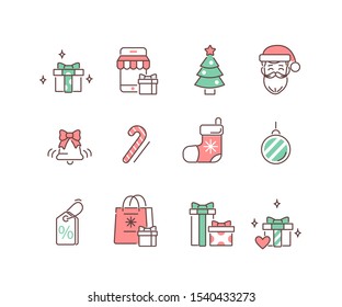 Christmas and New Year Decoration Elements. Holiday Objects Collection. Santa Claus, Gift Boxes and Holiday Shopping. Flat Cartoon Illustration and Icons set.
