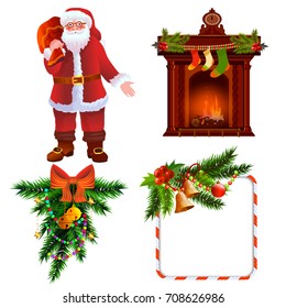 Christmas and New Year decoration elements, christmas tree branch and frame and Santa Claus with bag vector illustration isolated on white.