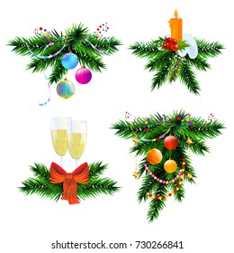 Christmas and New Year decoration elements with champagne and a candle, christmas tree branch.