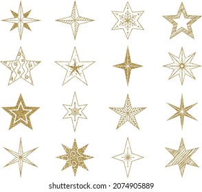 Christmas and New Year decoration. Gold hand drawn stars collection. Vector illustration.