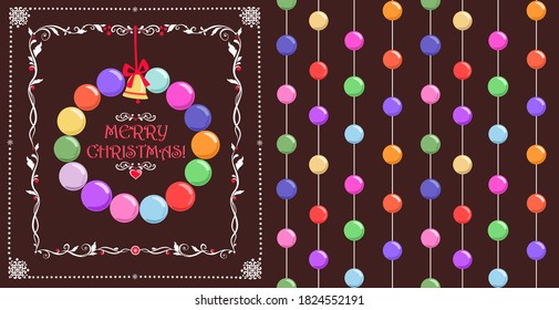 Christmas and New year decoration with hanging wreath and seamless wallpaper with paper cutting colorful balls and jingle bell on the chocolate color background