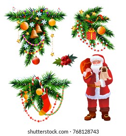 Christmas and New Year decoration icons and elements, christmas tree branch and Santa Claus with bag vector illustration isolated on white.