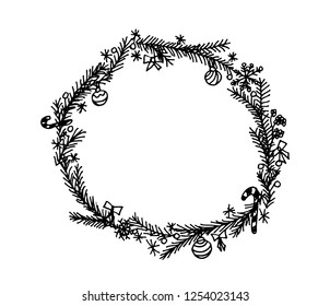 Christmas and new year decoration on white background. Christmas decorative frame. Christmas Tree Branches Border. Hand drawn Vector Illustration.