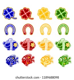 Christmas and New Year decoration with Christmas ornaments as faience fish Cloverleaf horseshoe piggy set two vintage vector illustration editable hand draw