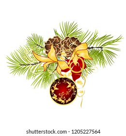 Christmas and New Year decoration red Christmas ornaments with golden festive poinsettia leaves three and fir tree branch with pine cones pine cones vector illustration editable hand draw