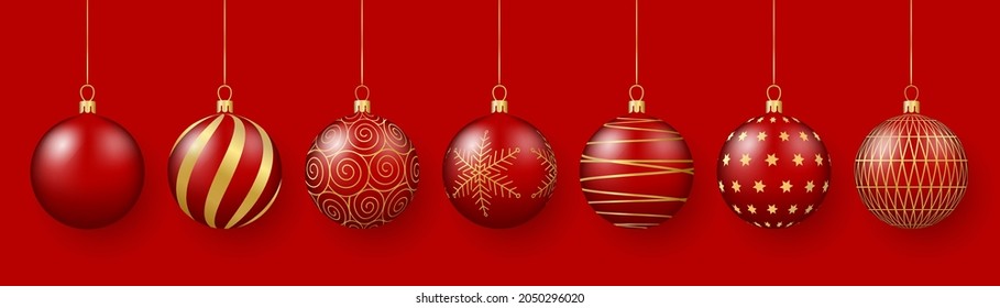 Christmas and New Year decoration. Red glass balls with gold ornaments. 3d realistic vector illustration.