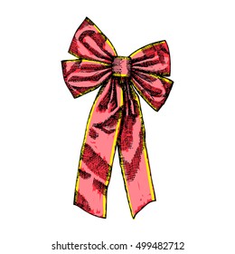 Christmas and New Year decoration red bow. Holiday hand drawn element. Vector.