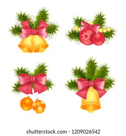 Christmas and New Year decoration, set of 3D isolated elements. Fir tree, bells, bows, balls, snowflakes. Realistic vector 