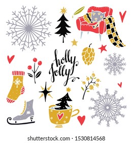 Christmas, New Year decoration set. Hand drawn icons isolated on white background. Snowflakes, branch, armchair, berries, stars, tree, cone, stocking, skates, cup. Handwriting font. Design elements
