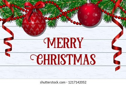 Christmas and new year decoration template with fir tree, red ornated metallic christmas balls, garland, curled ribbons and bow