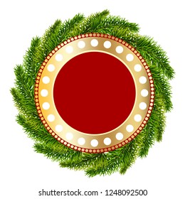 Christmas and New Year decoration. Wreath with golden ring and garlands. Red decorative frame isolated on white. Vector illustration