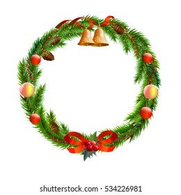 Christmas and new year decoration: wreath with bell and garlands. Christmas decorative frame.