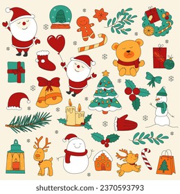 Christmas and New Year decorations and design element vector set. Flat design chrisms gifts, new year tree, Santa, Christmas candles and lights.