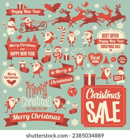 Christmas and New Year decorations and design element vector set. Flat design chrisms gifts, new year tree, Santa, Christmas candles and lights.