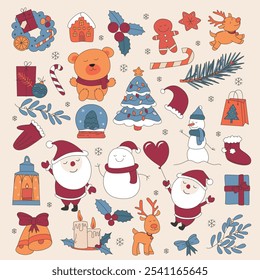 Christmas and New Year decorations and design element vector set. Flat design chrisms gifts, new year tree, Santa, Christmas candles and lights.