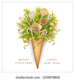 Christmas and New year decorations, gifts, lollipops and fir branches in a waffle cone on white background
