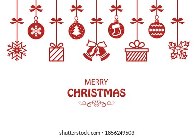 Christmas and New Year decorations hang on a white background. Festive vector background with place for text.