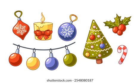 Christmas and new year decorations, ornaments and cozy festive interior design items isolated set