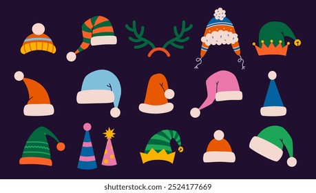 Christmas and New Year decorations, Santa Claus hats, funny elf caps, deer horns, carnival party hat. Bright, colorful art. Trendy modern vector illustration, hand drawn, flat design