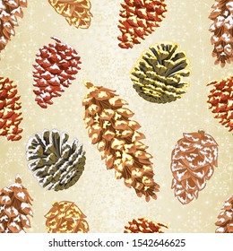 Christmas and New Year decorations seamless texture Four pine cones larch cones natural  and golden pine cones and snow pine cones vintage vector illustration editable hand draw