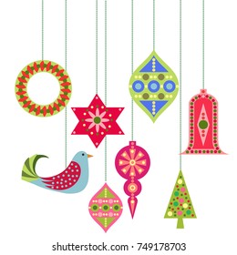 Christmas And New Year Decorations Vector Set. New Year Background. Vintage Colorful Hanging Christmas Balls, Stars, Birds, Bells and Trees.