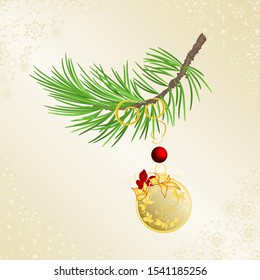 Christmas and New Year decorative branch christmas tree festive poinsettia  and golden and red balls vintage vector illustration editable hand draw
