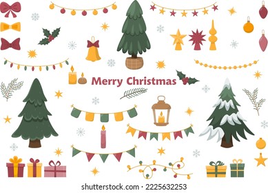 Christmas and New Year decorative elemen. Cute decor   Christmas trees, gifts, candles,garlands, bell, and mistletoe. Vector illustration