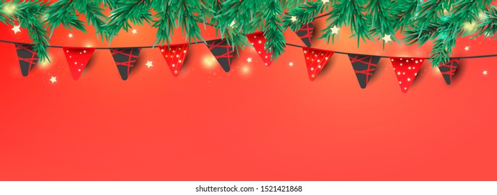 Christmas or New Year decorative elements for banner decoration on a red background. Red garland flags, glitter confetti and pine branches with place for text.