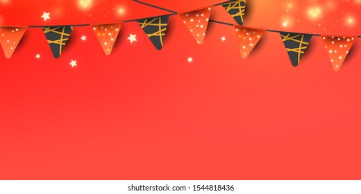 Christmas or New Year decorative elements for banner decoration on red background. Red garland flags and glitter confetti with place for text.