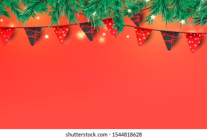 Christmas or New Year decorative elements for banner decoration on red background. Red garland flags and glitter confetti with place for text.