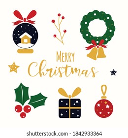Christmas and New Year decorative elements, icons. Snowball, globe, winterberries, wreath, gift, box, bow, toy, bells, stars. Can be used for greeting card, web, decoration, stickers