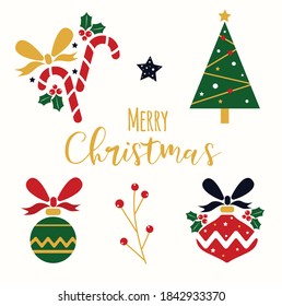Christmas and New Year decorative elements, icons. Christmas tree, vintage toy, bow ,winterberries, stars. Can be used for greeting card, web, decoration, stickers