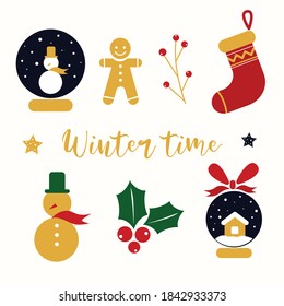 Weihnachten und Neujahr dekorative Elemente, Symbole. Schneeball, Globus, Winterbeeren, Socken, Lebkuchen, Schneemann, Haus, Bogen, Schnee. Kann für Grußkarte, Web, Dekoration, Aufkleber verwendet werden
