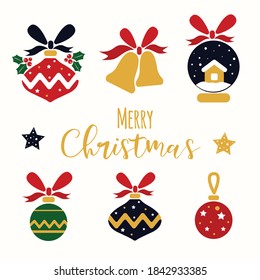 Christmas and New Year decorative elements, icons. Christmas tree vintage toy, bells, snowball, globe, stars, bow, house, snow. Can be used for greeting card, web, decoration, stickers