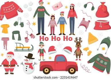 Christmas and New Year decorative elements. Cute Christmas characters, family, Santa, snowman, deer, elf. Vector illustration