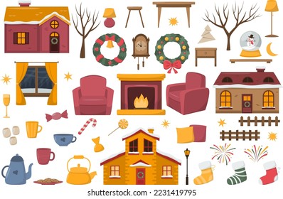 Christmas and New Year decorative elements. Cute decor of Christmas houses, furniture. Vector illustration