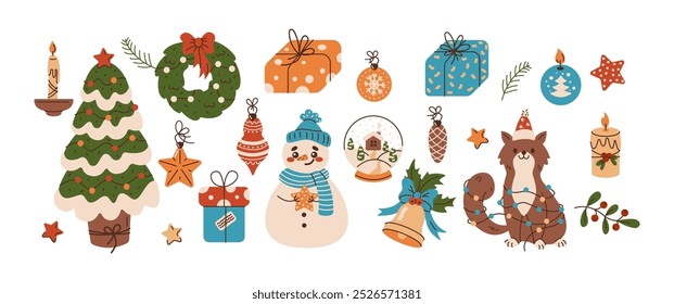 Christmas and new year decorative elements flat color vector objects set. Cozy atmosphere pf winter holidays with family illustrations on white