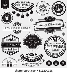 Christmas and New Year decorative elements isolated on white background. Set of typography badges for greeting cards, sale labels, page and web decoration or other holiday design. Vector illustration.