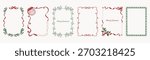 Christmas and New Year decorative frames vector illustration with mistletoe holly leaves berries red ribbons and minimal green borders — clean design for greeting cards and holiday stationery.