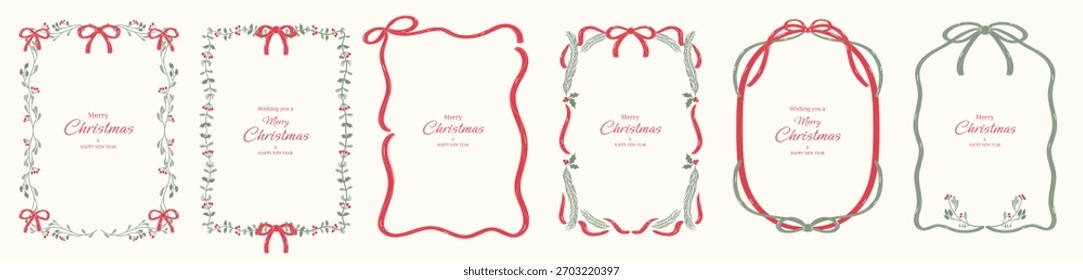 Christmas and New Year decorative frames vector illustration with red bows green foliage swirls and festive line borders — classic design for greeting cards and seasonal prints.
