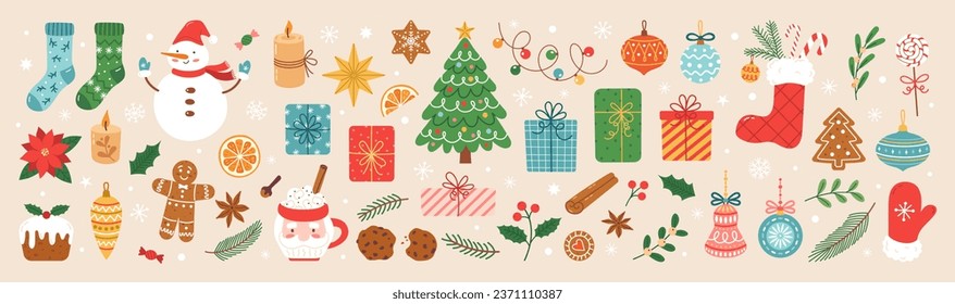 Elementos decorativos de Navidad y Año Nuevo dibujados a mano. Hombre de nieve, regalos, juguetes, árbol de Navidad, caramelos, caramelos, panecillos. Perfecto para la reserva de recortes, tarjeta de saludo, invitación a fiestas, póster, pegatinas.