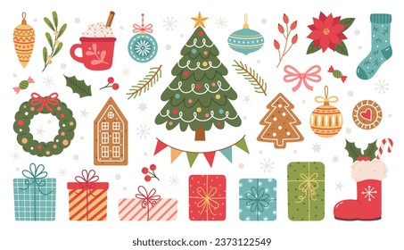 Christmas and New Year decorative hand drawn elements. Christmas decoration, Christmas tree, gifts, toys, candy, holly, gingerbreads. Perfect for scrapbooking, greeting card, poster, stickers.