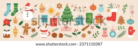 Christmas and New Year decorative hand drawn elements. Snowman, gifts, toys, Christmas tree, candy, holly, gingerbreads. Perfect for scrapbooking, greeting card, party invitation, poster, stickers.