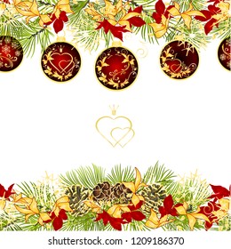 Christmas and New Year decorative seamless horizontal bordern branches with pine cones and red Christmas ornaments with golden and red poinsettia vintage vector illustration editable hand draw