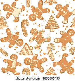 Vector decorativo de Navidad y Año Nuevo patrón sin fisuras. Antecedentes con el hombre de pan de jengibre dibujado a mano, árbol de navidad y galletas de caramelo sobre fondo blanco.