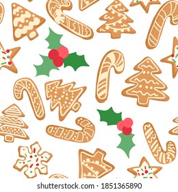 Christmas and New Year decorative vector seamless pattern. Background with hand drawn gingerbread xmas tree, candy cane, snowflakes cookies and holly on white background.