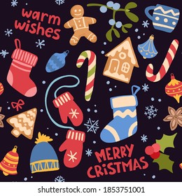 Christmas and New Year decorative vector seamless pattern. Background with hand drawn holly and mistletoe, mittens, socks, snowflakes, bells, hats and gingerbread cookies on black background.