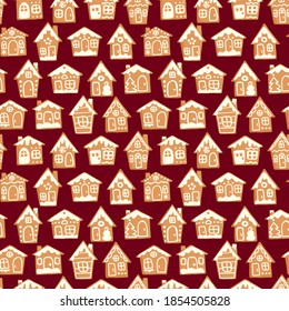 Christmas and New Year decorative vector seamless pattern. Background with hand drawn gingerbread cookies little houses on red background.