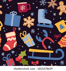 Christmas and New Year decorative vector seamless pattern. Background with hand drawn holly and mistletoe, mittens, socks, snowflakes, bells, hats and gingerbread cookies on black background.