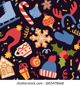Christmas and New Year decorative vector seamless pattern. Background with hand drawn holly and mistletoe, mittens, socks, snowflakes, bells, hats and gingerbread cookies on black background.